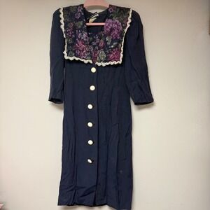 S.L. Fashions Vintage Midi Dress Women 10 Navy Blue Good Floral Lace Collar USA